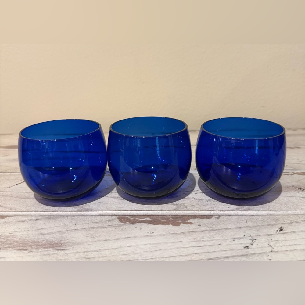 3 Vintage Cobalt Blue Roly Poly Bar / Juice Glasses